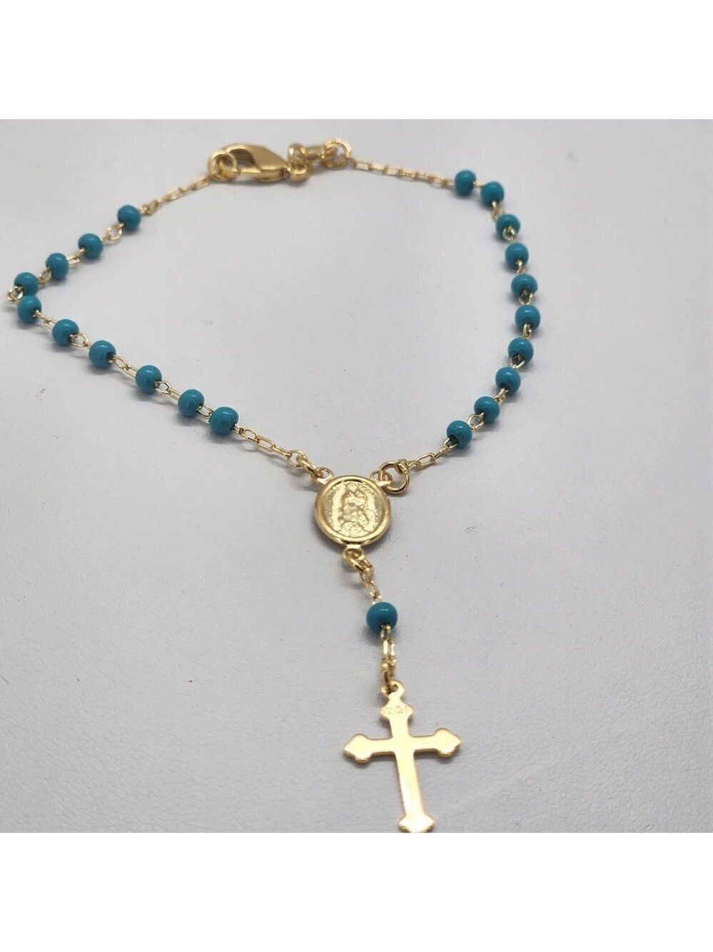 Brand New Brazilian 18k Gold Filled Blue Beaded Virgen & Cross Bracelet